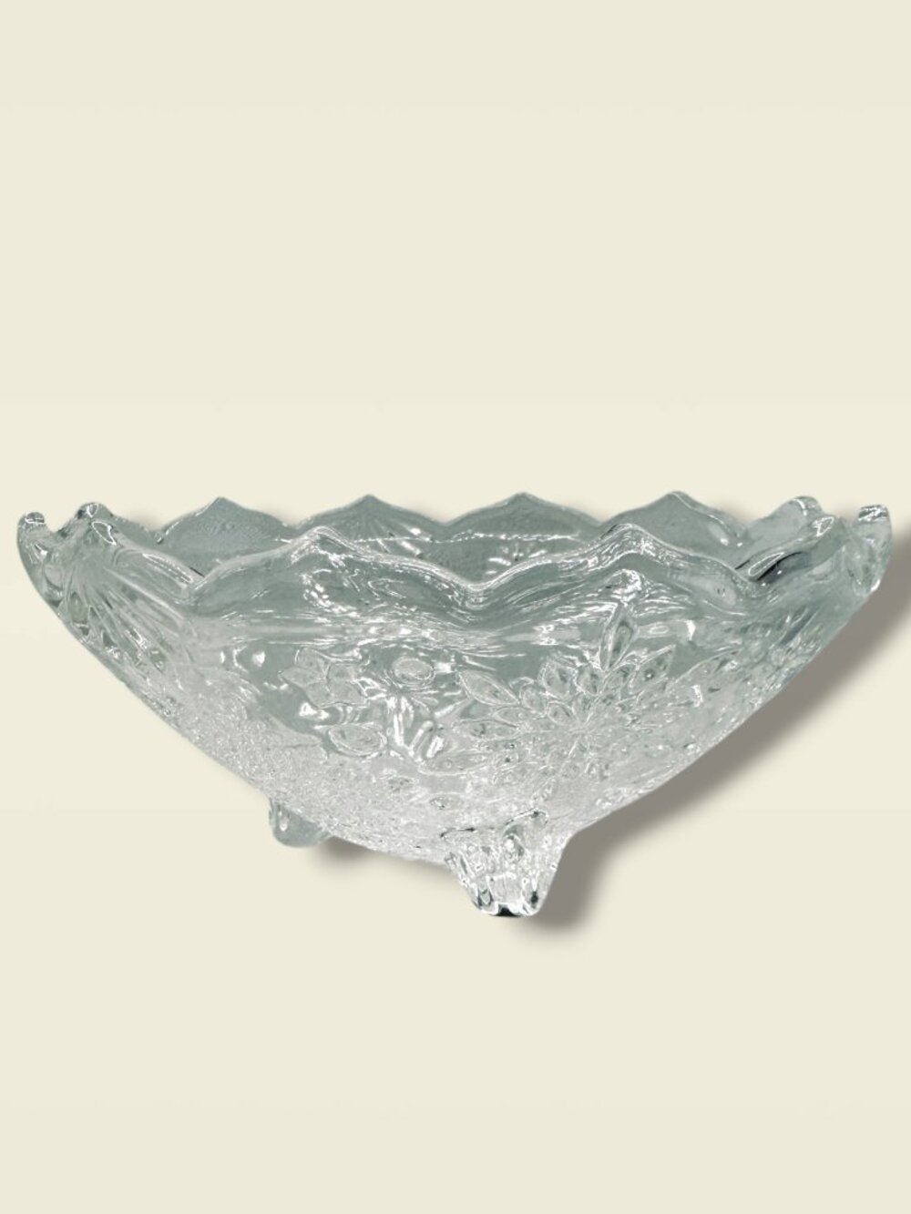 Clear Glass Decorative Footed Bowl With Floral & Snowflake Raised Relief Scallop